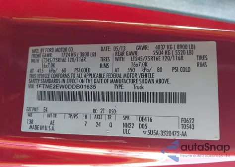 2013 Ford E-250 Commercial z USA, uszkodzony, nr VIN 1FTNE2EW0DDB01635